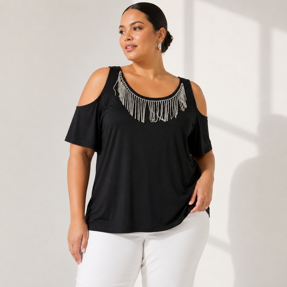Michael Kors Plus Womens Rhinestone Fringe Cold Shoulder Top Black 3X Blouse
